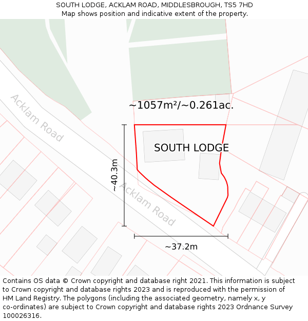 SOUTH LODGE, ACKLAM ROAD, MIDDLESBROUGH, TS5 7HD: Plot and title map