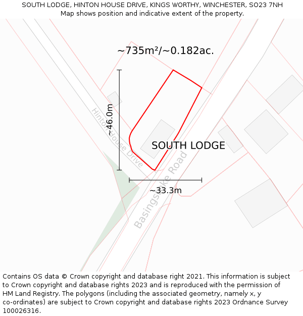 SOUTH LODGE, HINTON HOUSE DRIVE, KINGS WORTHY, WINCHESTER, SO23 7NH: Plot and title map