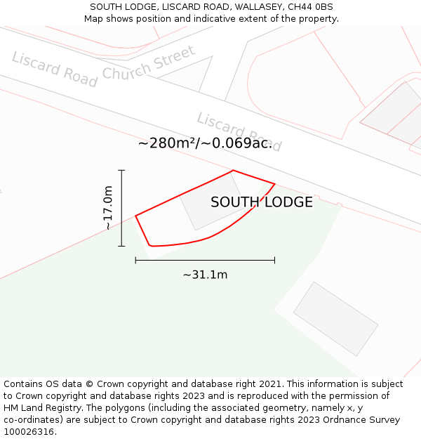 SOUTH LODGE, LISCARD ROAD, WALLASEY, CH44 0BS: Plot and title map