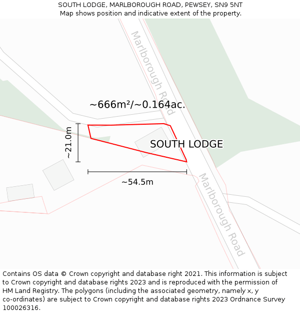 SOUTH LODGE, MARLBOROUGH ROAD, PEWSEY, SN9 5NT: Plot and title map