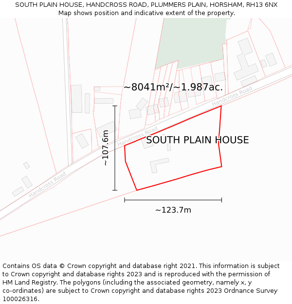 SOUTH PLAIN HOUSE, HANDCROSS ROAD, PLUMMERS PLAIN, HORSHAM, RH13 6NX: Plot and title map