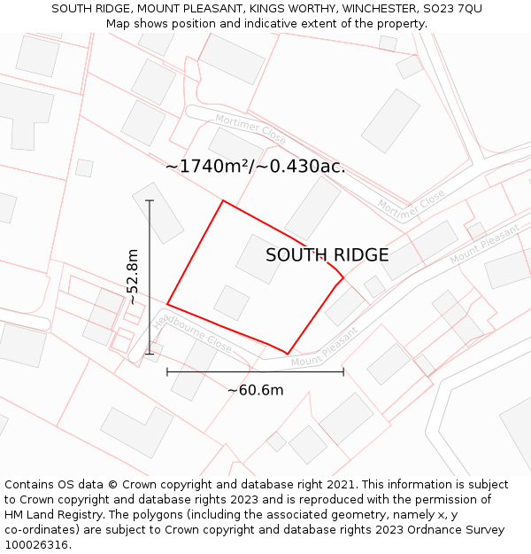 SOUTH RIDGE, MOUNT PLEASANT, KINGS WORTHY, WINCHESTER, SO23 7QU: Plot and title map