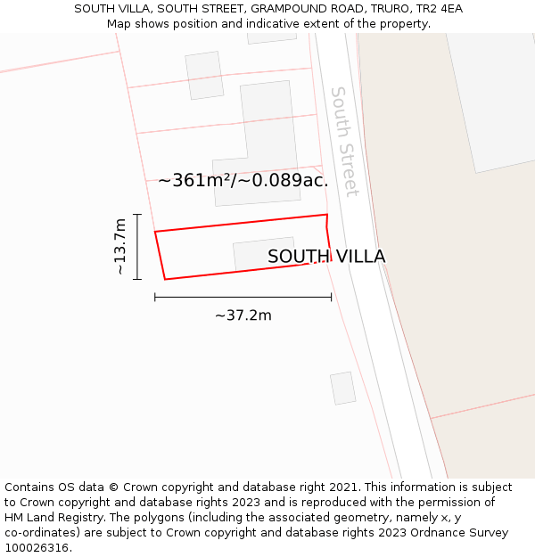 SOUTH VILLA, SOUTH STREET, GRAMPOUND ROAD, TRURO, TR2 4EA: Plot and title map