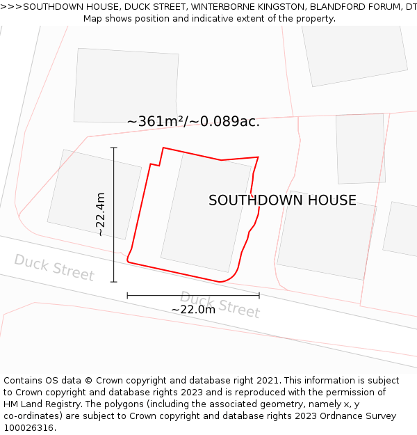 SOUTHDOWN HOUSE, DUCK STREET, WINTERBORNE KINGSTON, BLANDFORD FORUM, DT11 9BW: Plot and title map