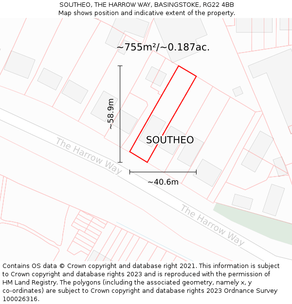 SOUTHEO, THE HARROW WAY, BASINGSTOKE, RG22 4BB: Plot and title map