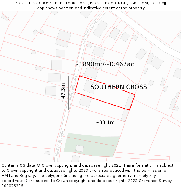 SOUTHERN CROSS, BERE FARM LANE, NORTH BOARHUNT, FAREHAM, PO17 6JJ: Plot and title map