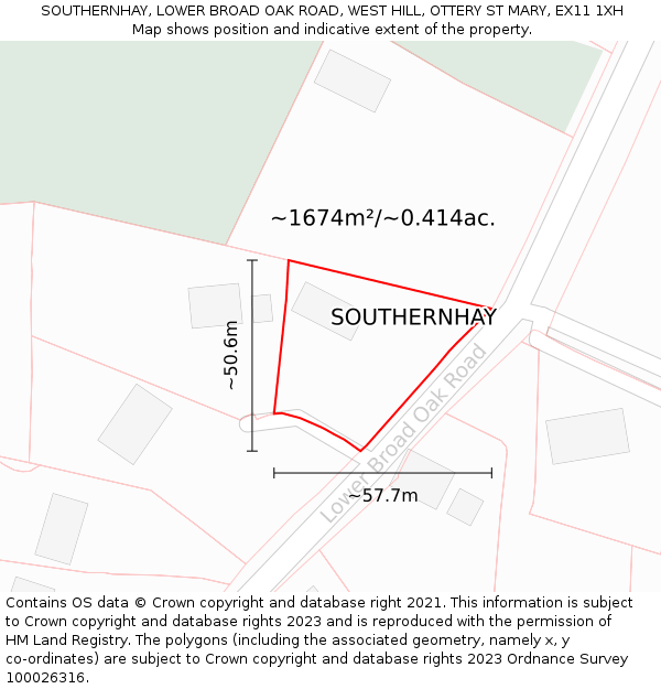 SOUTHERNHAY, LOWER BROAD OAK ROAD, WEST HILL, OTTERY ST MARY, EX11 1XH: Plot and title map