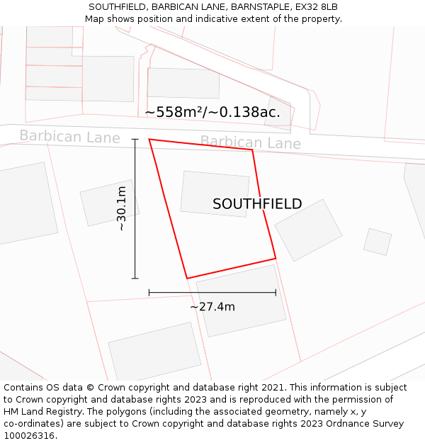 SOUTHFIELD, BARBICAN LANE, BARNSTAPLE, EX32 8LB: Plot and title map