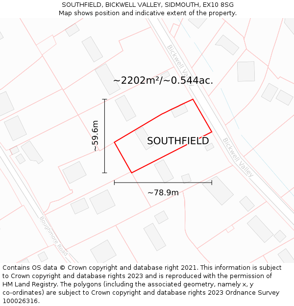 SOUTHFIELD, BICKWELL VALLEY, SIDMOUTH, EX10 8SG: Plot and title map