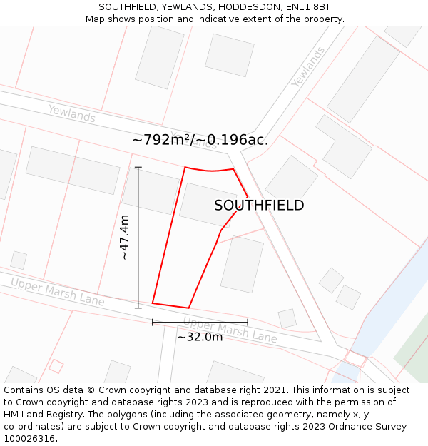 SOUTHFIELD, YEWLANDS, HODDESDON, EN11 8BT: Plot and title map