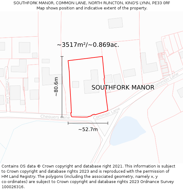 SOUTHFORK MANOR, COMMON LANE, NORTH RUNCTON, KING'S LYNN, PE33 0RF: Plot and title map
