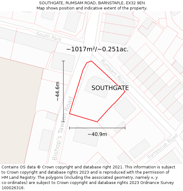 SOUTHGATE, RUMSAM ROAD, BARNSTAPLE, EX32 9EN: Plot and title map