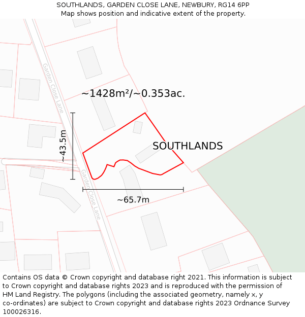 SOUTHLANDS, GARDEN CLOSE LANE, NEWBURY, RG14 6PP: Plot and title map