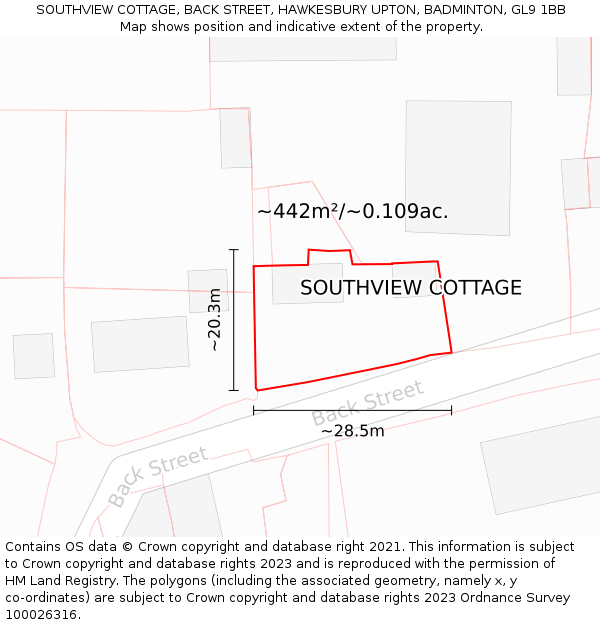 SOUTHVIEW COTTAGE, BACK STREET, HAWKESBURY UPTON, BADMINTON, GL9 1BB: Plot and title map