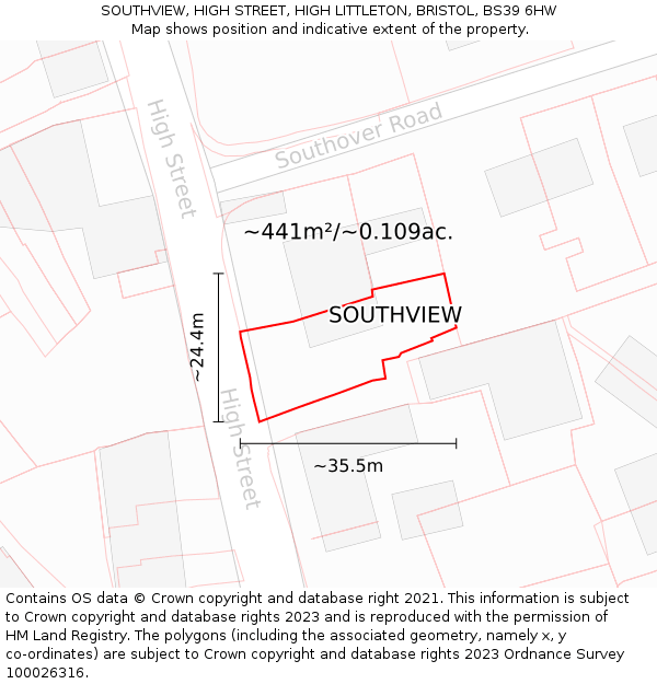 SOUTHVIEW, HIGH STREET, HIGH LITTLETON, BRISTOL, BS39 6HW: Plot and title map