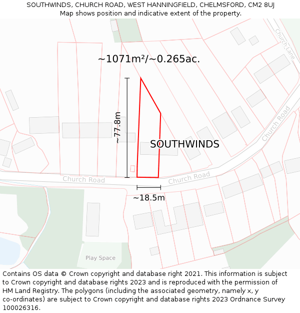 SOUTHWINDS, CHURCH ROAD, WEST HANNINGFIELD, CHELMSFORD, CM2 8UJ: Plot and title map