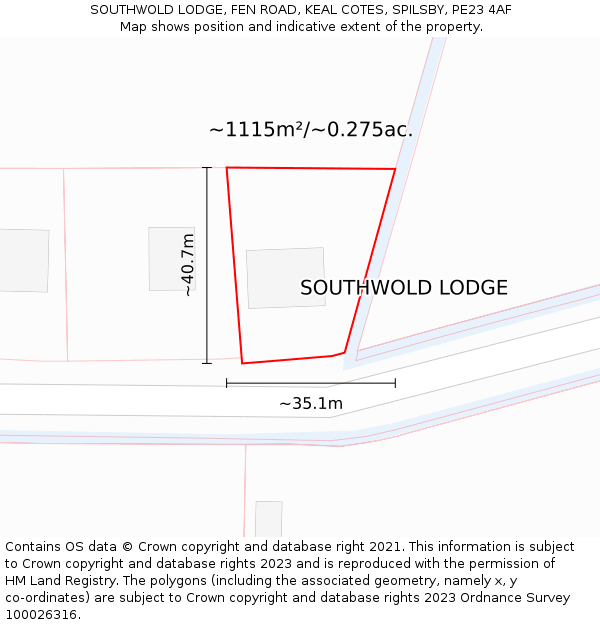 SOUTHWOLD LODGE, FEN ROAD, KEAL COTES, SPILSBY, PE23 4AF: Plot and title map