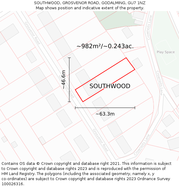SOUTHWOOD, GROSVENOR ROAD, GODALMING, GU7 1NZ: Plot and title map
