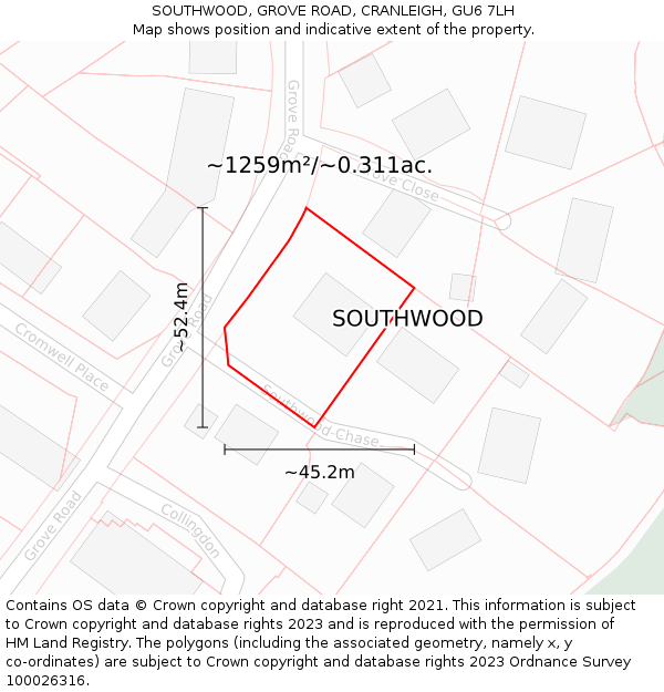 SOUTHWOOD, GROVE ROAD, CRANLEIGH, GU6 7LH: Plot and title map