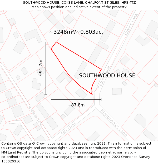 SOUTHWOOD HOUSE, COKES LANE, CHALFONT ST GILES, HP8 4TZ: Plot and title map