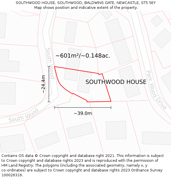 SOUTHWOOD HOUSE, SOUTHWOOD, BALDWINS GATE, NEWCASTLE, ST5 5EY: Plot and title map