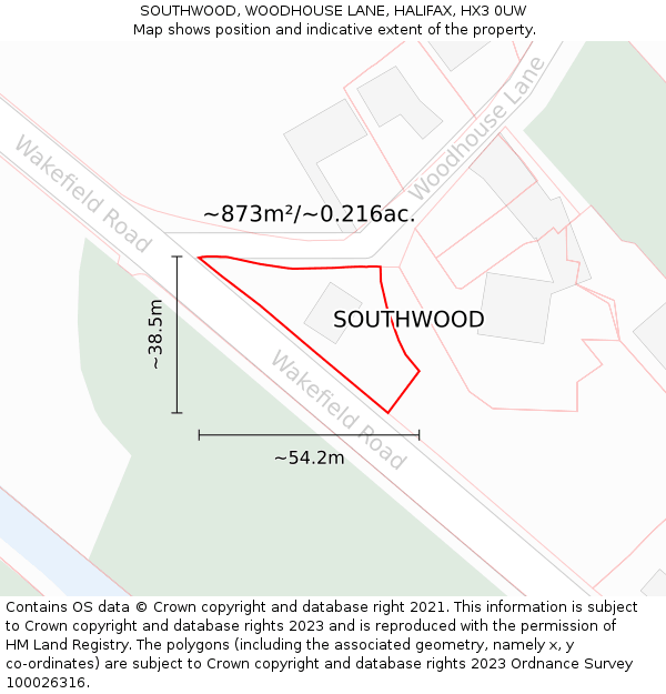 SOUTHWOOD, WOODHOUSE LANE, HALIFAX, HX3 0UW: Plot and title map