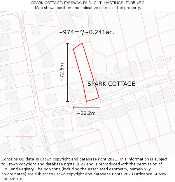 SPARK COTTAGE, FYRSWAY, FAIRLIGHT, HASTINGS, TN35 4BG: Plot and title map