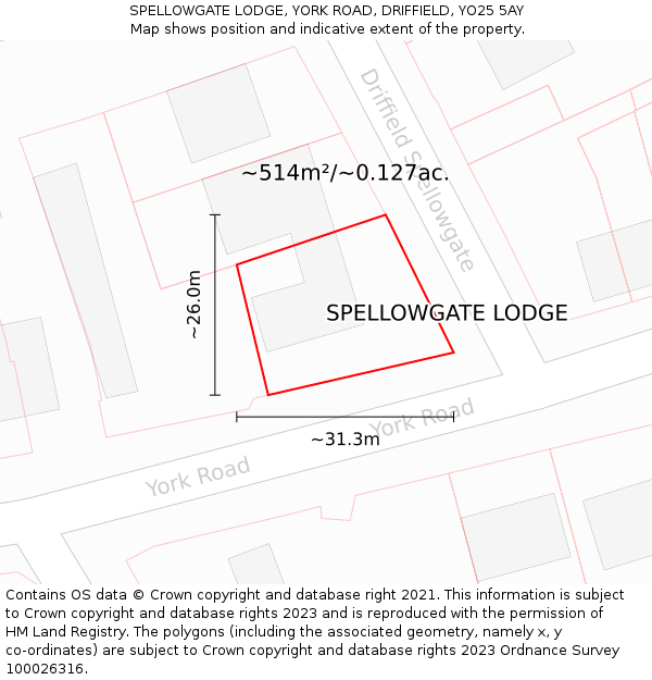 SPELLOWGATE LODGE, YORK ROAD, DRIFFIELD, YO25 5AY: Plot and title map
