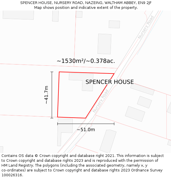 SPENCER HOUSE, NURSERY ROAD, NAZEING, WALTHAM ABBEY, EN9 2JF: Plot and title map