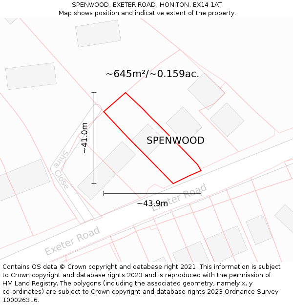 SPENWOOD, EXETER ROAD, HONITON, EX14 1AT: Plot and title map