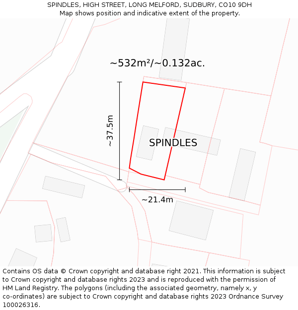 SPINDLES, HIGH STREET, LONG MELFORD, SUDBURY, CO10 9DH: Plot and title map