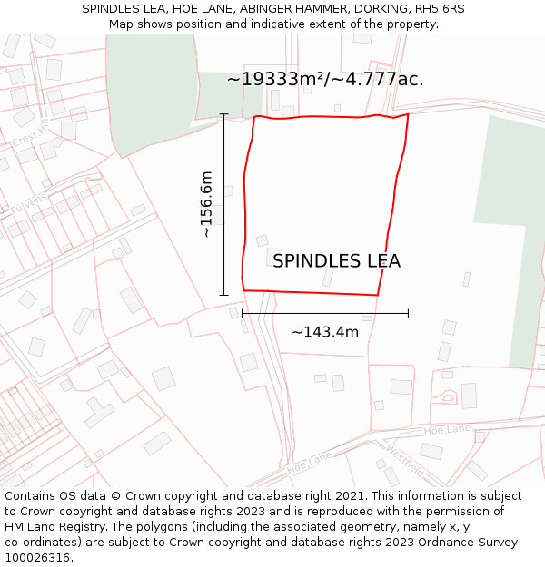 SPINDLES LEA, HOE LANE, ABINGER HAMMER, DORKING, RH5 6RS: Plot and title map