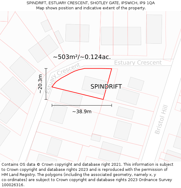 SPINDRIFT, ESTUARY CRESCENT, SHOTLEY GATE, IPSWICH, IP9 1QA: Plot and title map