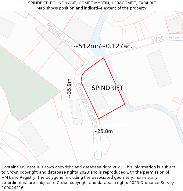 SPINDRIFT, POUND LANE, COMBE MARTIN, ILFRACOMBE, EX34 0LT: Plot and title map