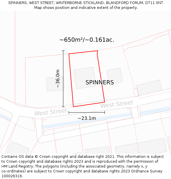 SPINNERS, WEST STREET, WINTERBORNE STICKLAND, BLANDFORD FORUM, DT11 0NT: Plot and title map