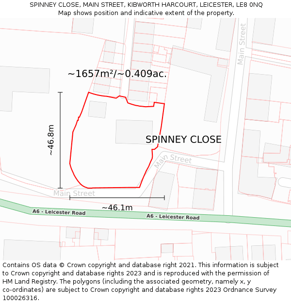 SPINNEY CLOSE, MAIN STREET, KIBWORTH HARCOURT, LEICESTER, LE8 0NQ: Plot and title map