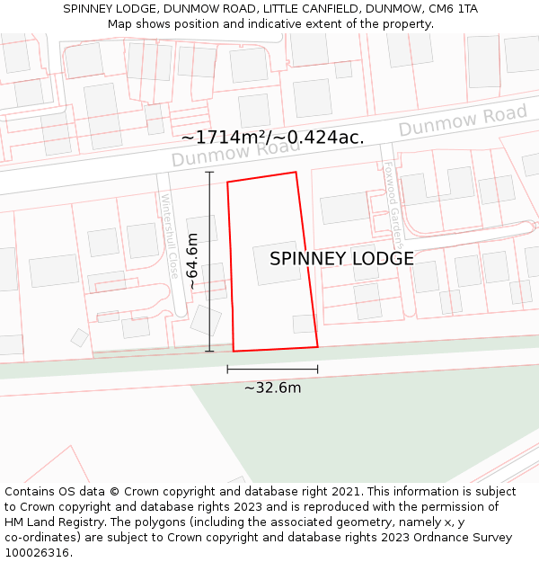 SPINNEY LODGE, DUNMOW ROAD, LITTLE CANFIELD, DUNMOW, CM6 1TA: Plot and title map