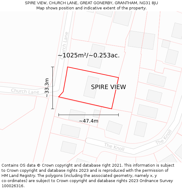 SPIRE VIEW, CHURCH LANE, GREAT GONERBY, GRANTHAM, NG31 8JU: Plot and title map