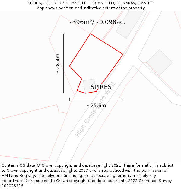 SPIRES, HIGH CROSS LANE, LITTLE CANFIELD, DUNMOW, CM6 1TB: Plot and title map