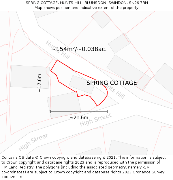 SPRING COTTAGE, HUNTS HILL, BLUNSDON, SWINDON, SN26 7BN: Plot and title map