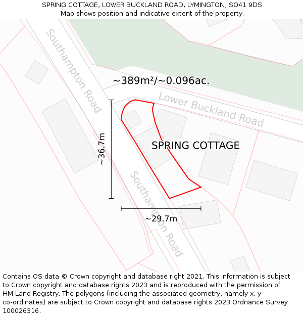 SPRING COTTAGE, LOWER BUCKLAND ROAD, LYMINGTON, SO41 9DS: Plot and title map