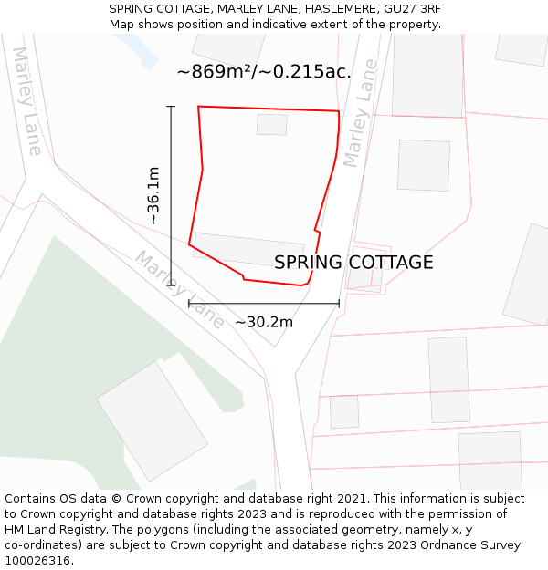 SPRING COTTAGE, MARLEY LANE, HASLEMERE, GU27 3RF: Plot and title map