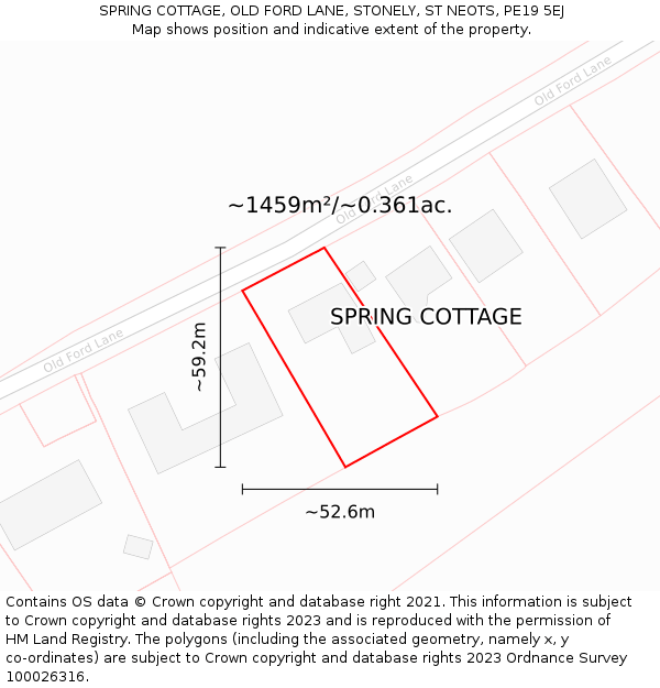 SPRING COTTAGE, OLD FORD LANE, STONELY, ST NEOTS, PE19 5EJ: Plot and title map
