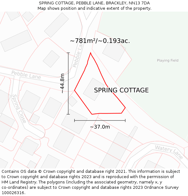SPRING COTTAGE, PEBBLE LANE, BRACKLEY, NN13 7DA: Plot and title map