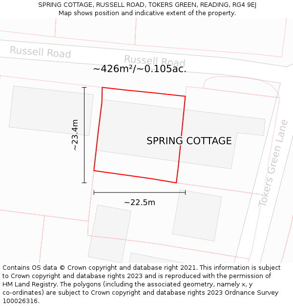 SPRING COTTAGE, RUSSELL ROAD, TOKERS GREEN, READING, RG4 9EJ: Plot and title map