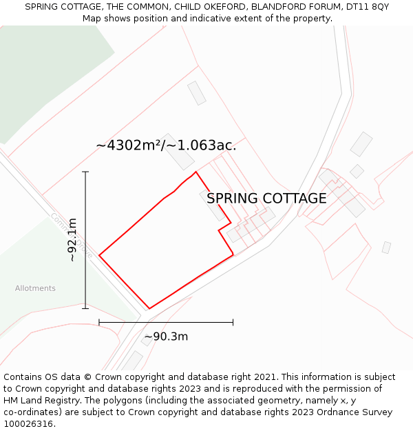 SPRING COTTAGE, THE COMMON, CHILD OKEFORD, BLANDFORD FORUM, DT11 8QY: Plot and title map