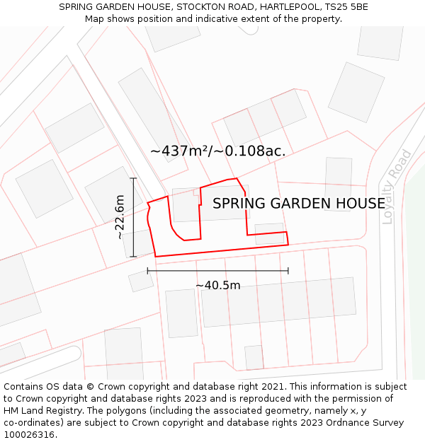 SPRING GARDEN HOUSE, STOCKTON ROAD, HARTLEPOOL, TS25 5BE: Plot and title map