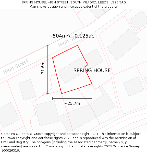 SPRING HOUSE, HIGH STREET, SOUTH MILFORD, LEEDS, LS25 5AQ: Plot and title map