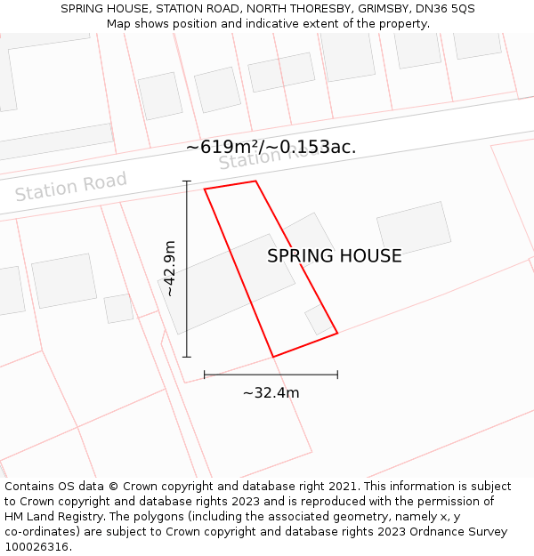 SPRING HOUSE, STATION ROAD, NORTH THORESBY, GRIMSBY, DN36 5QS: Plot and title map
