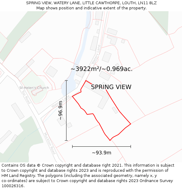 SPRING VIEW, WATERY LANE, LITTLE CAWTHORPE, LOUTH, LN11 8LZ: Plot and title map